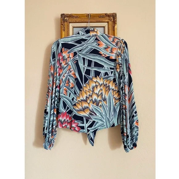 REVOLVE MARA HOFFMAN Black Green Red Tropical Print Tie Neck Deep V Blouse Top - Picture 7 of 15
